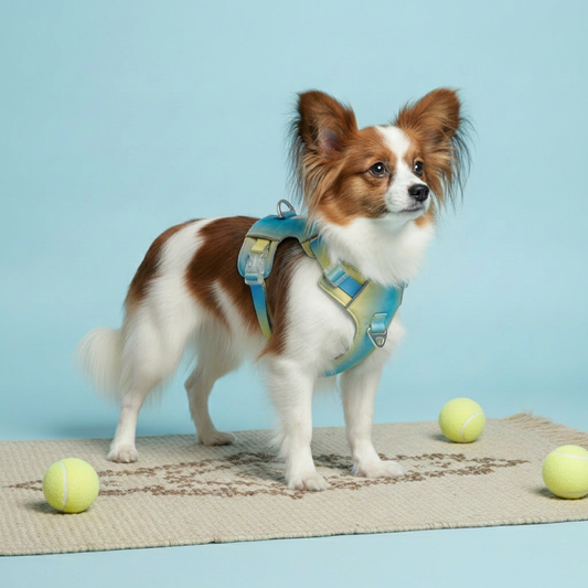 Papillon dog wearing a Bling Fuzzie blue and yellow ombre no-pull dog harness, standing on a rug with tennis balls.