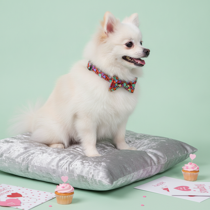 A fluffy white Pomeranian dog sitting on a silver cushion, wearing a Bling Fuzzie colorful hearts dog collar with a matching detachable bow tie, surrounded by cupcakes and Valentine's Day cards on a light green background.