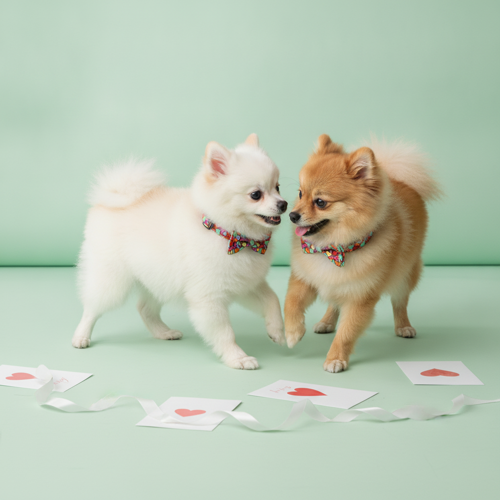 Two Pomeranian dogs, one white and one brown, interacting with raised paws while wearing matching Bling Fuzzie colorful hearts dog collars with bow ties, on a light green background with white ribbons and heart cards.