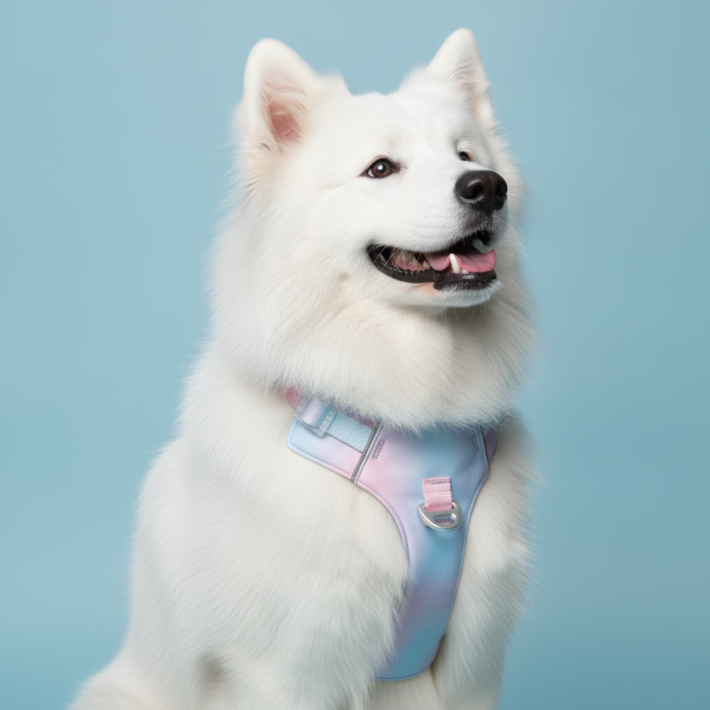 Samoyed dog wearing a Bling Fuzzie pink and blue ombre no-pull dog harness on a light blue background.