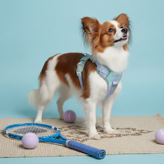 Papillon dog wearing a Bling Fuzzie purple and green ombre no-pull dog harness, standing near a blue tennis racket and purple balls.