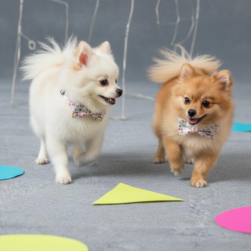Two Pomeranian dogs, one white and one brown, running forward while wearing matching Bling Fuzzie rainbow birthday letter print dog collars with bow ties, on a gray background with colorful party decorations.