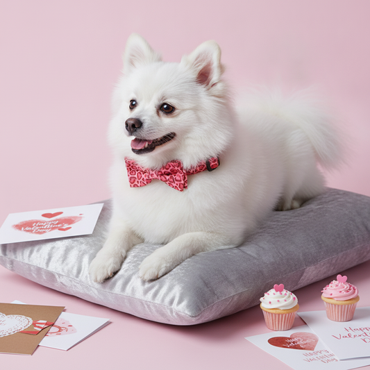 A fluffy white Pomeranian dog wearing a Bling Fuzzie red heart print dog collar with a matching detachable bow tie, resting on a silver cushion surrounded by Valentine's Day cards and cupcakes on a pink background.