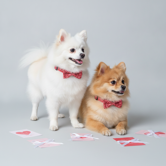 Two Pomeranian dogs, one white standing and one brown lying down, wearing matching Bling Fuzzie red heart print dog collars with bow ties, on a gray background with white ribbon cards.