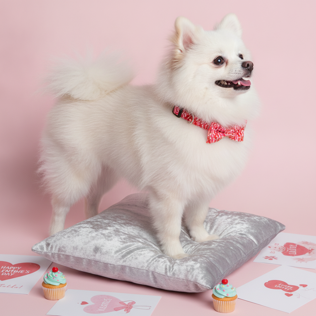 A fluffy white Pomeranian dog standing on a silver cushion, wearing a Bling Fuzzie red lip print dog collar with a matching detachable bow tie, surrounded by Valentine's Day cards and cupcakes on a pink background.