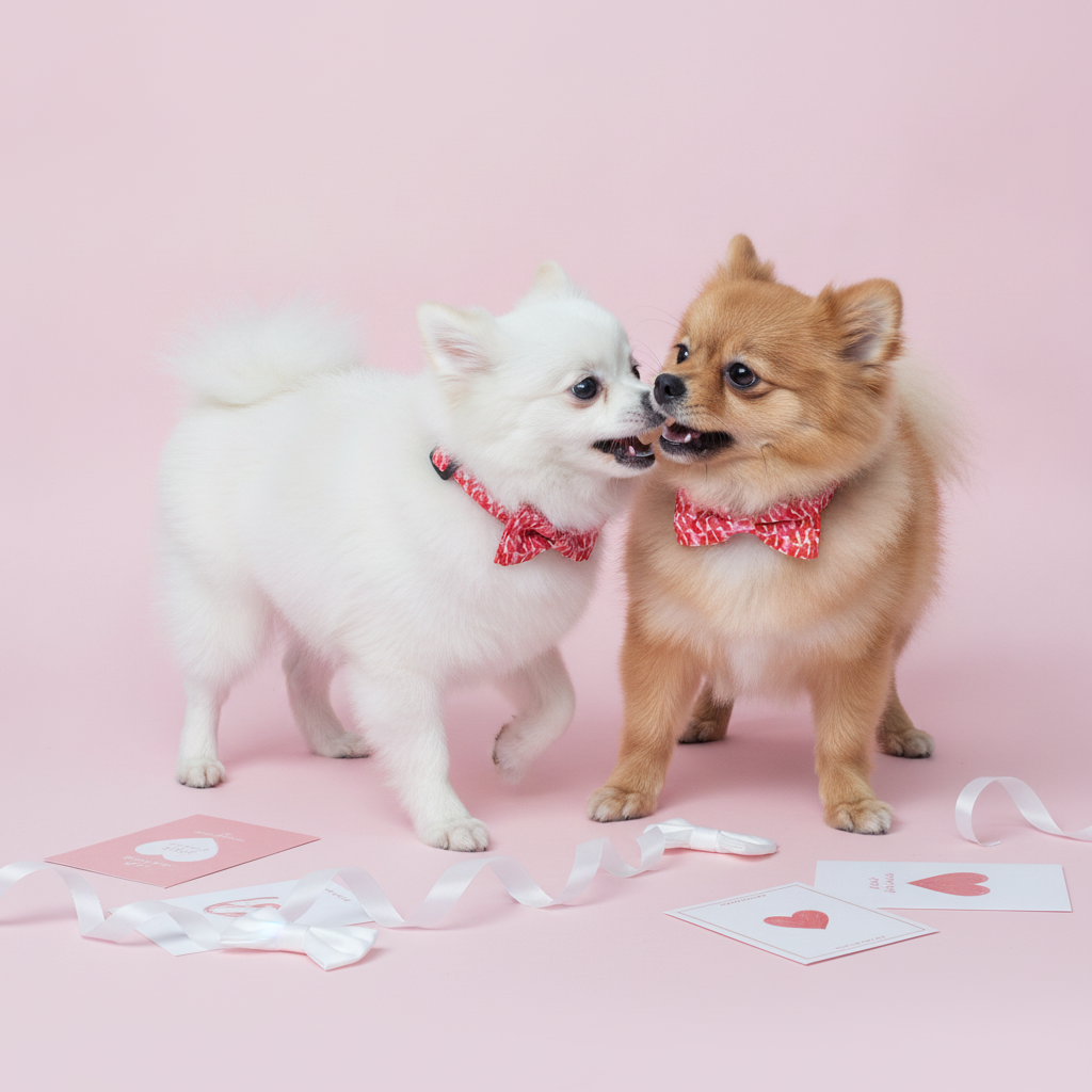 Two Pomeranian dogs, one white and one brown, wearing matching Bling Fuzzie red lip print dog collars with bow ties, interacting on a pink background with white ribbons and Valentine's Day cards.