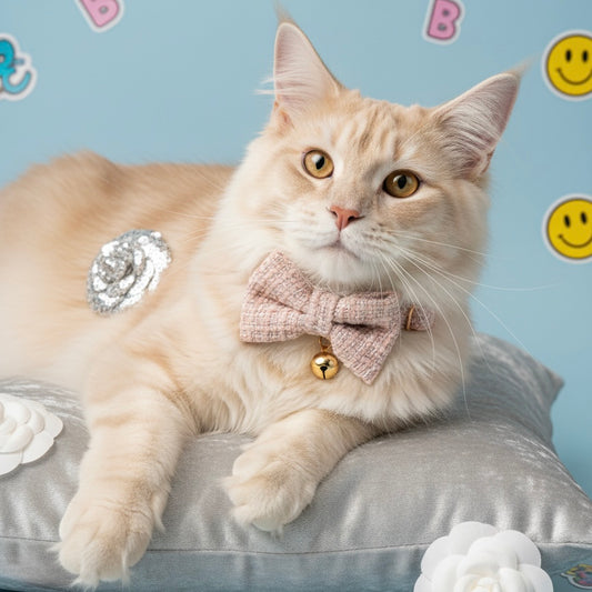 A light orange cat lounging on a silver cushion, wearing the Bling Fuzzie pink tweed cat collar with its matching detachable bow tie and a shiny gold-tone safety bell.