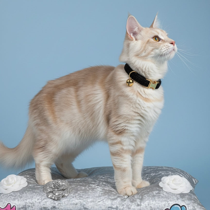 Side profile of a ginger cat wearing the sophisticated black tweed cat collar from Bling Fuzzie, highlighting the textured fabric and contrasting gold safety bell.