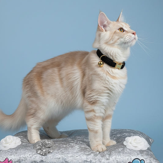 Side profile of a ginger cat wearing the sophisticated black tweed cat collar from Bling Fuzzie, highlighting the textured fabric and contrasting gold safety bell.