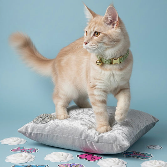 An alert cream-colored cat standing on a silver pillow, showcasing the Bling Fuzzie textured sage green tweed cat collar with a gold-tone safety buckle and bell.