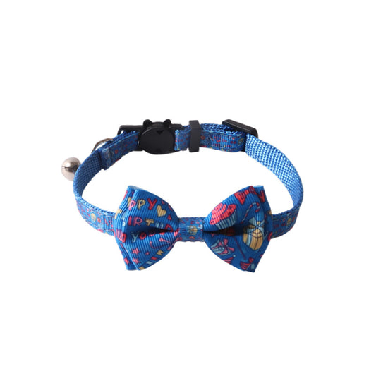 Blue birthday party cat collar with removable bow tie on white background