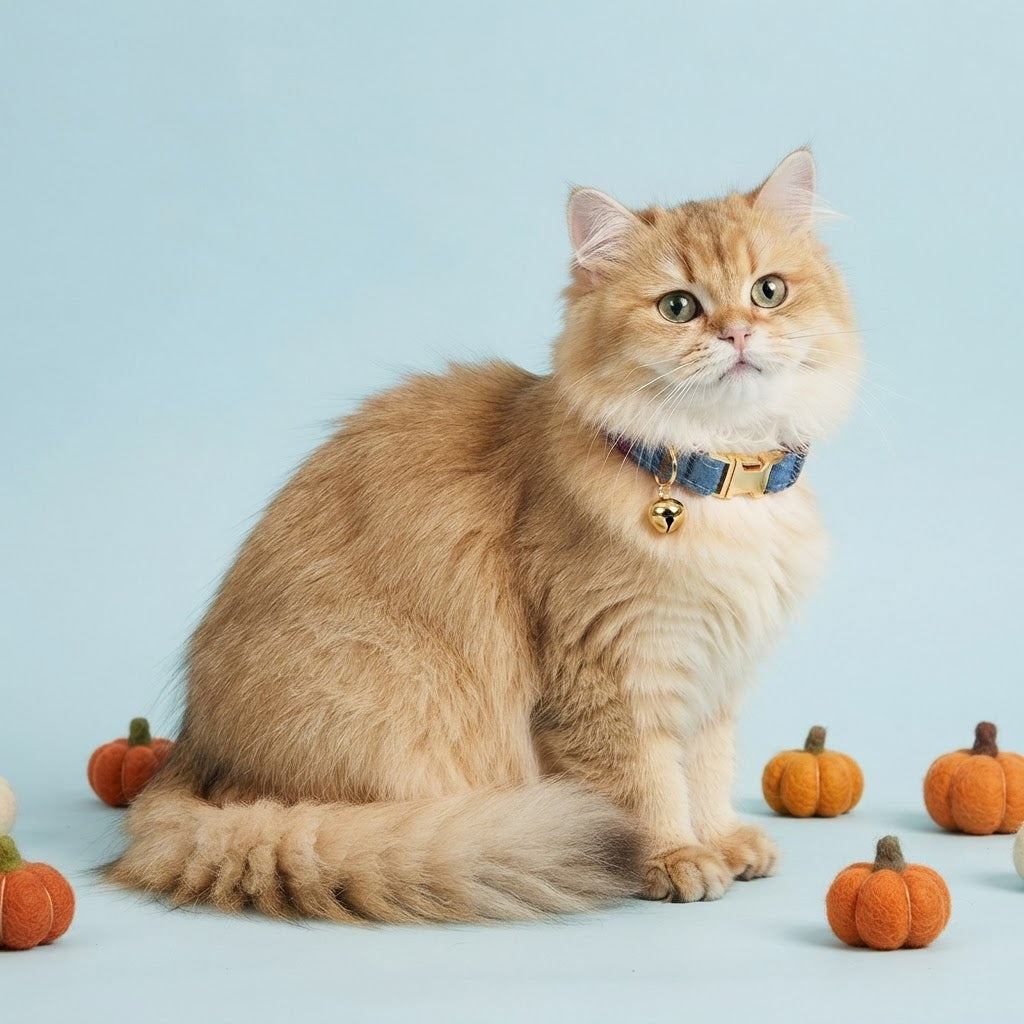 Fluffy golden cat wearing an adjustable blue plaid collar with gold bell, sitting beside decorative pumpkins