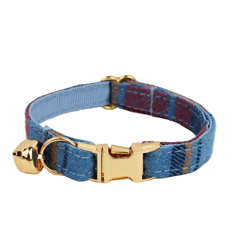 Adjustable blue plaid cat collar featuring a gold-tone buckle, matching bell and soft blue lining
