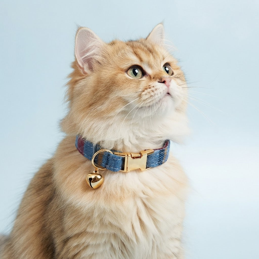 Fluffy ginger cat wearing a blue plaid cat collar with gold-tone buckle and bell against a light blue background