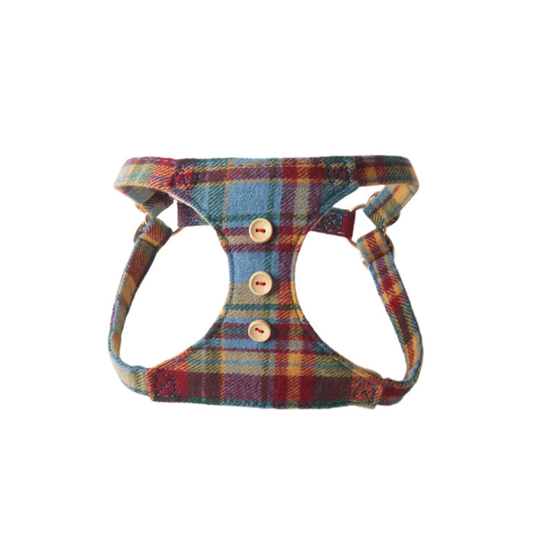 Blue red yellow plaid cat harness with three metal buttons detail white background
