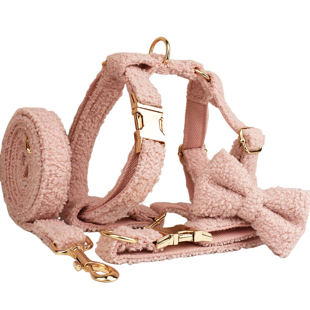 Blush pink teddy fleece dog 4-piece set collar bow tie harness leash complete product shot white background