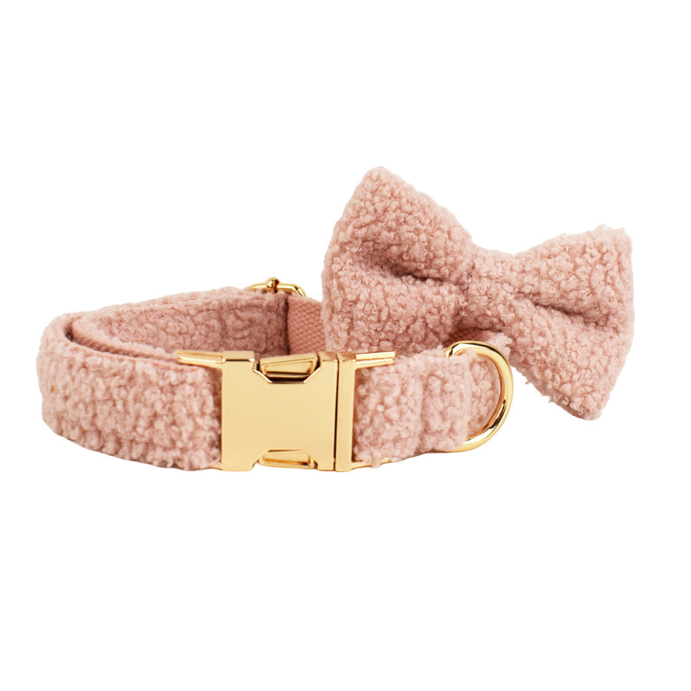 Blush pink teddy fleece dog collar and bow tie product shot white background
