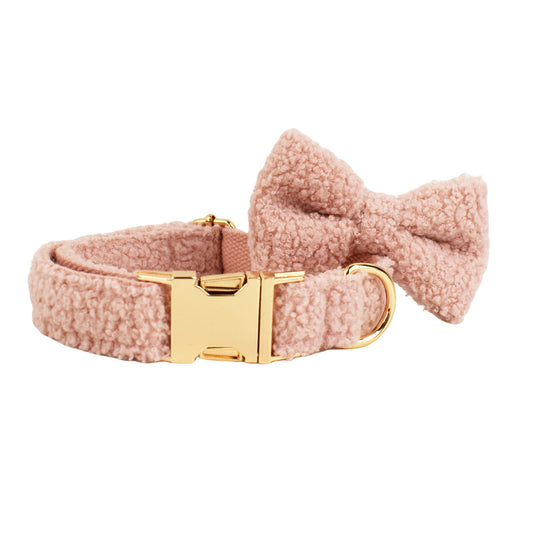 Blush pink teddy fleece dog collar and bow tie product shot white background
