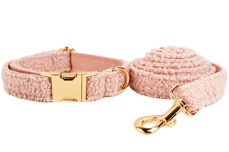 Blush pink teddy fleece dog collar and leash set product shot white background
