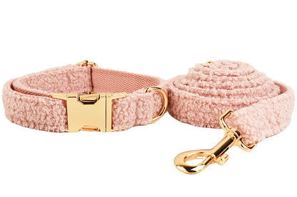 Blush pink teddy fleece dog collar and leash set product shot white background
