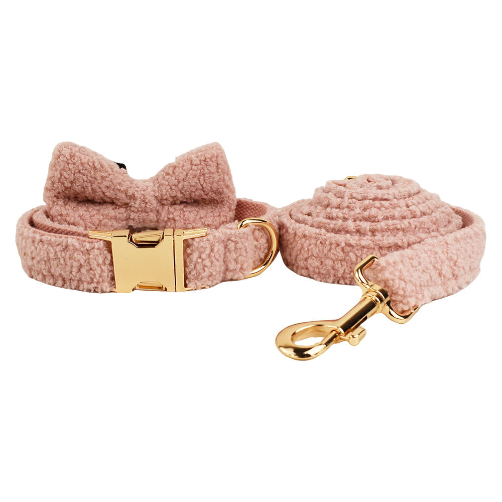 Blush pink teddy fleece dog collar bow tie and leash complete set product shot
