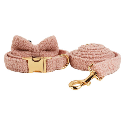 Blush pink teddy fleece dog collar bow tie and leash complete set product shot
