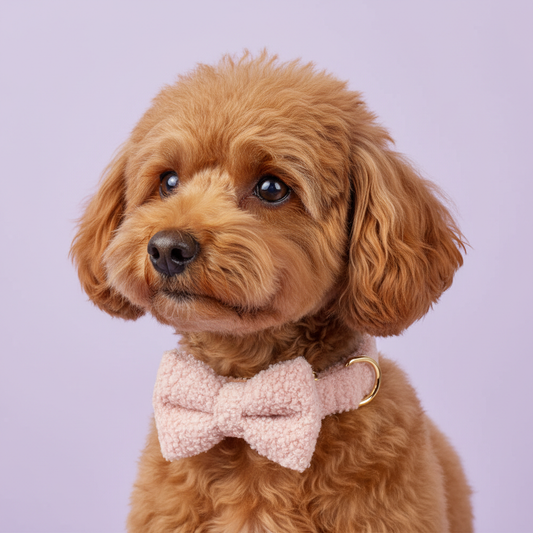 Red Toy Poodle wearing blush pink teddy fleece dog collar with bow tie on light purple background
