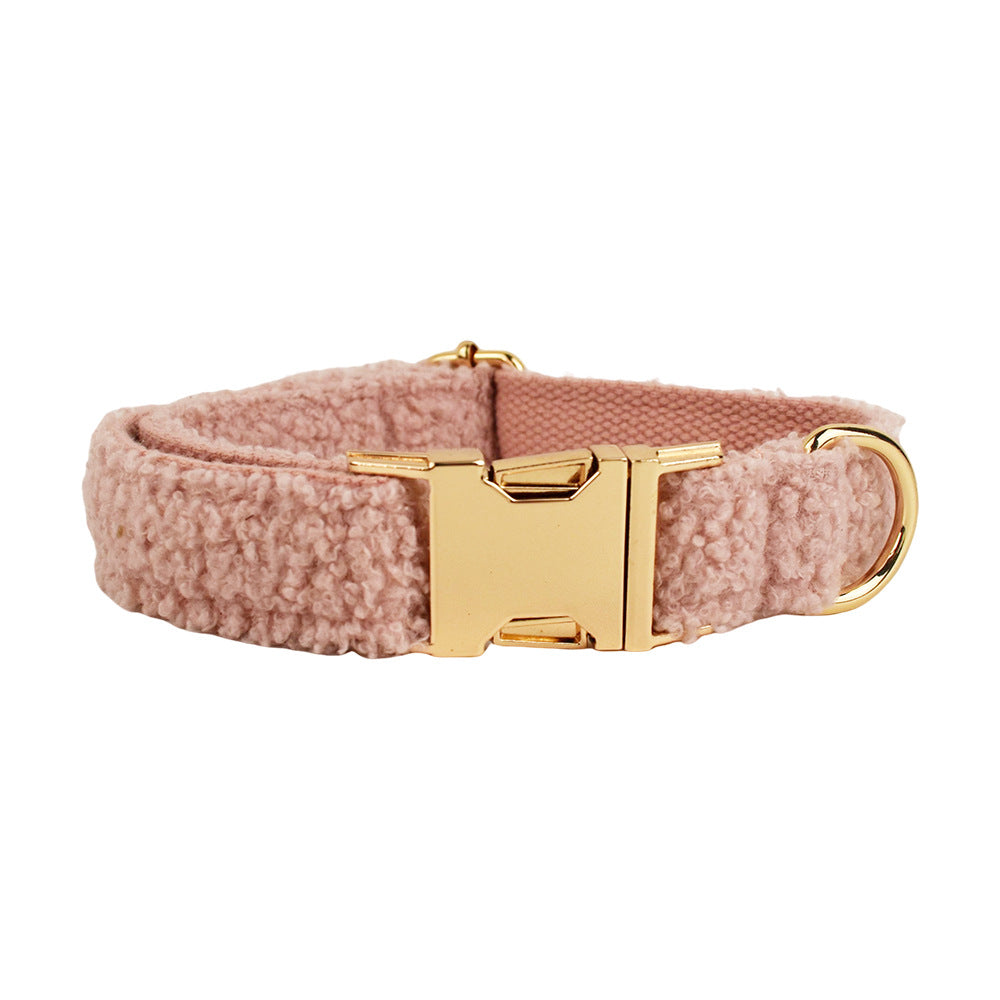 Blush pink teddy fleece dog collar with gold buckle detail product shot white background
