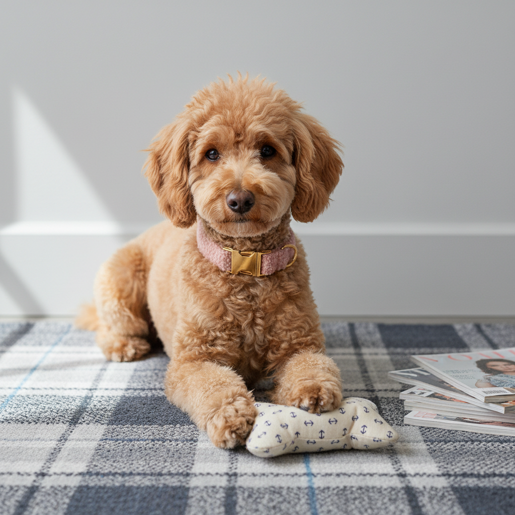 Red Poodle wearing blush pink teddy fleece collar on plaid carpet with toy lifestyle photo
