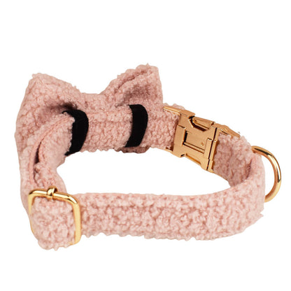 Blush pink teddy fleece dog collar with bow tie and gold hardware detail product shot
