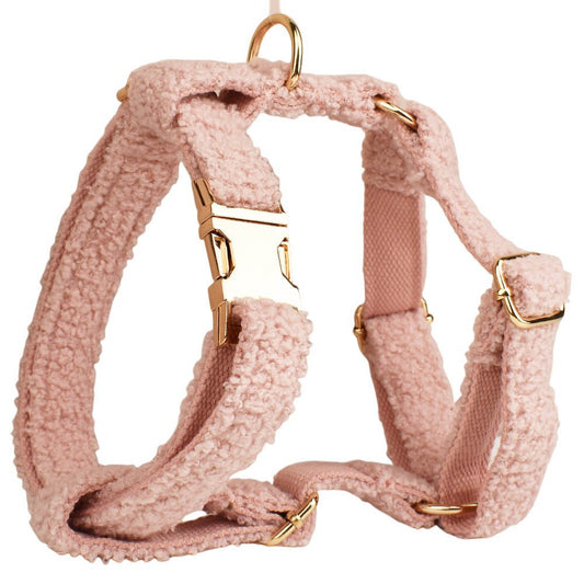 Blush pink teddy fleece dog harness with gold hardware detail product shot white background