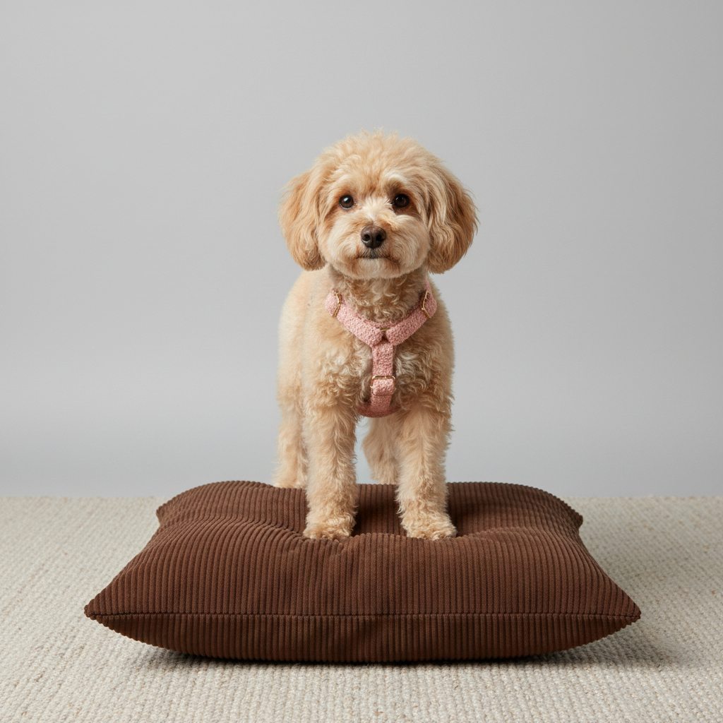Apricot Poodle wearing blush pink teddy fleece harness resting on brown pet bed lifestyle photo