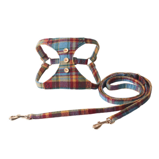 British style plaid cat harness and leash set product shot on white background