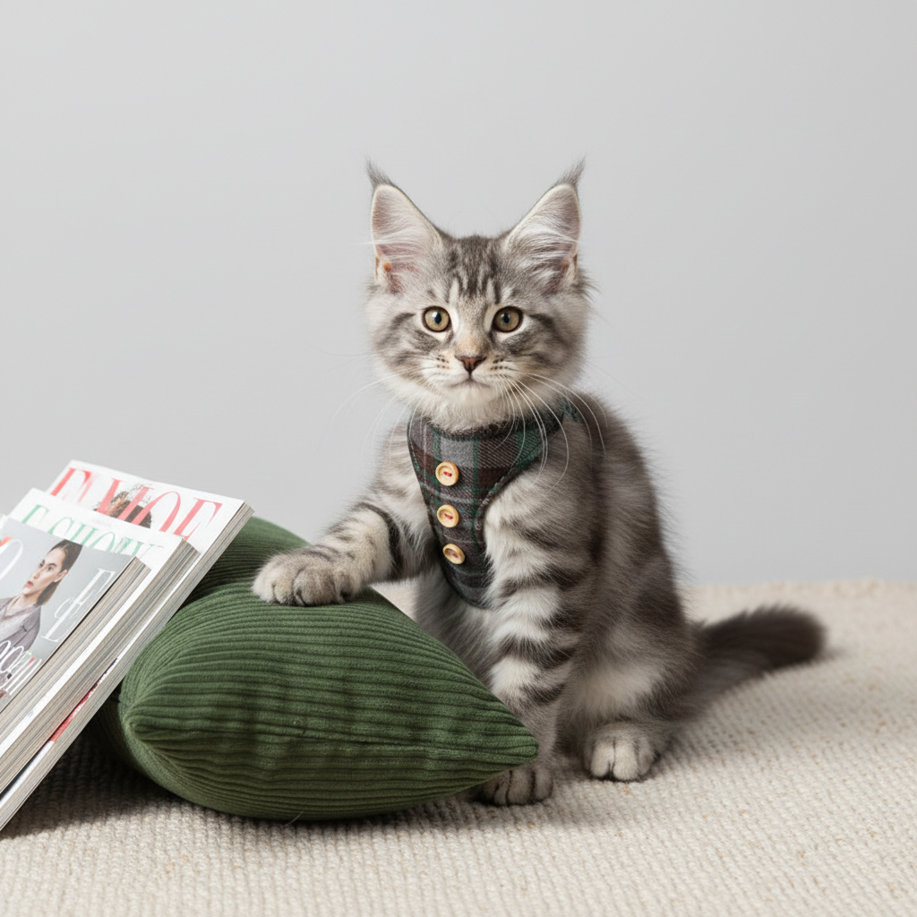 British style plaid cat harness indoor lifestyle scene kitten with magazine
