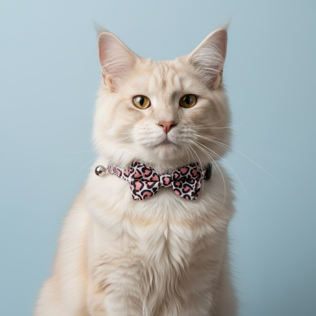 Cat wearing pink leopard print collar with bow tie against blue backdrop