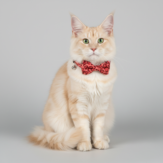 Cat wearing red leopard print collar with bow tie against grey backdrop