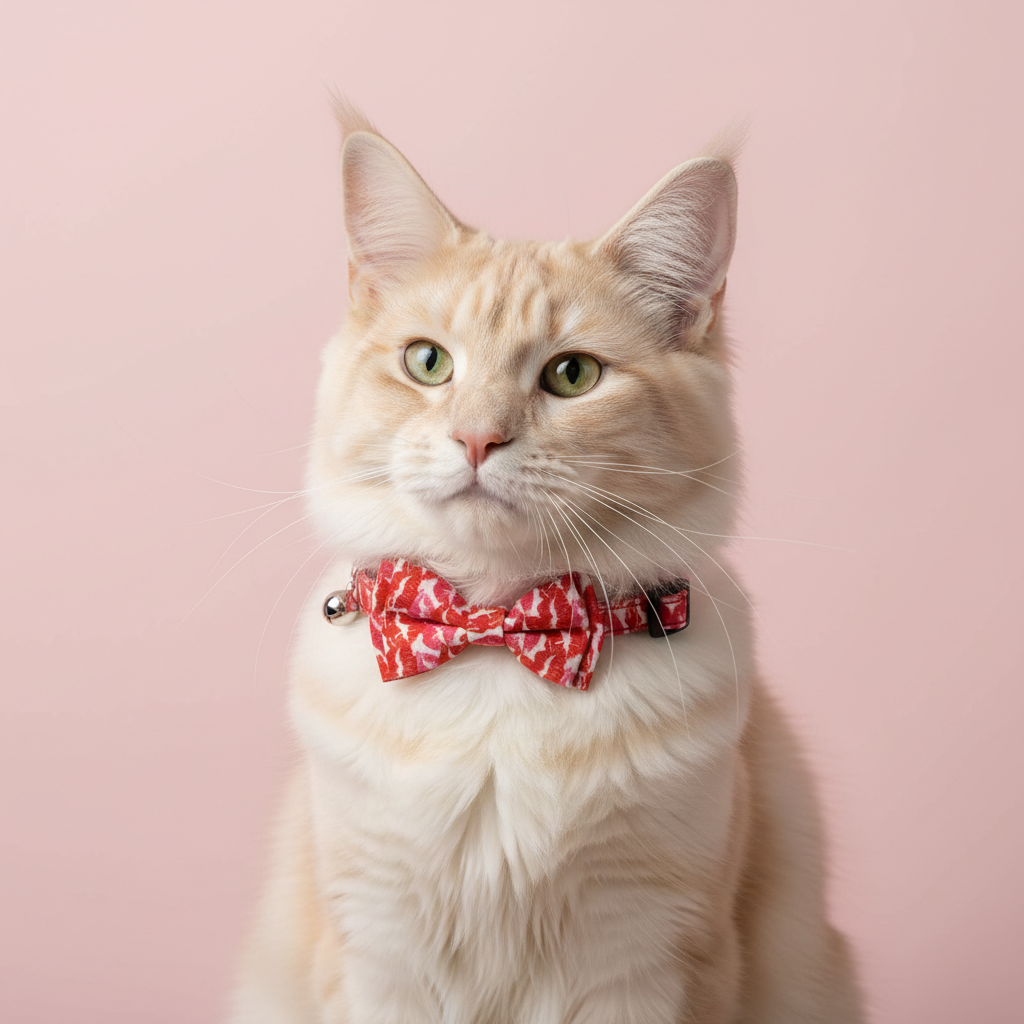 Cat wearing red and white lip print collar with bow tie against pink backdrop