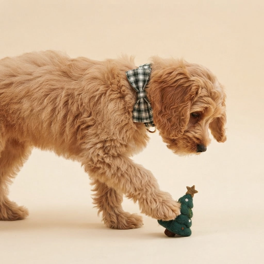 Fluffy tan dog wearing a forest green plaid bow tie while playing with a small Christmas tree