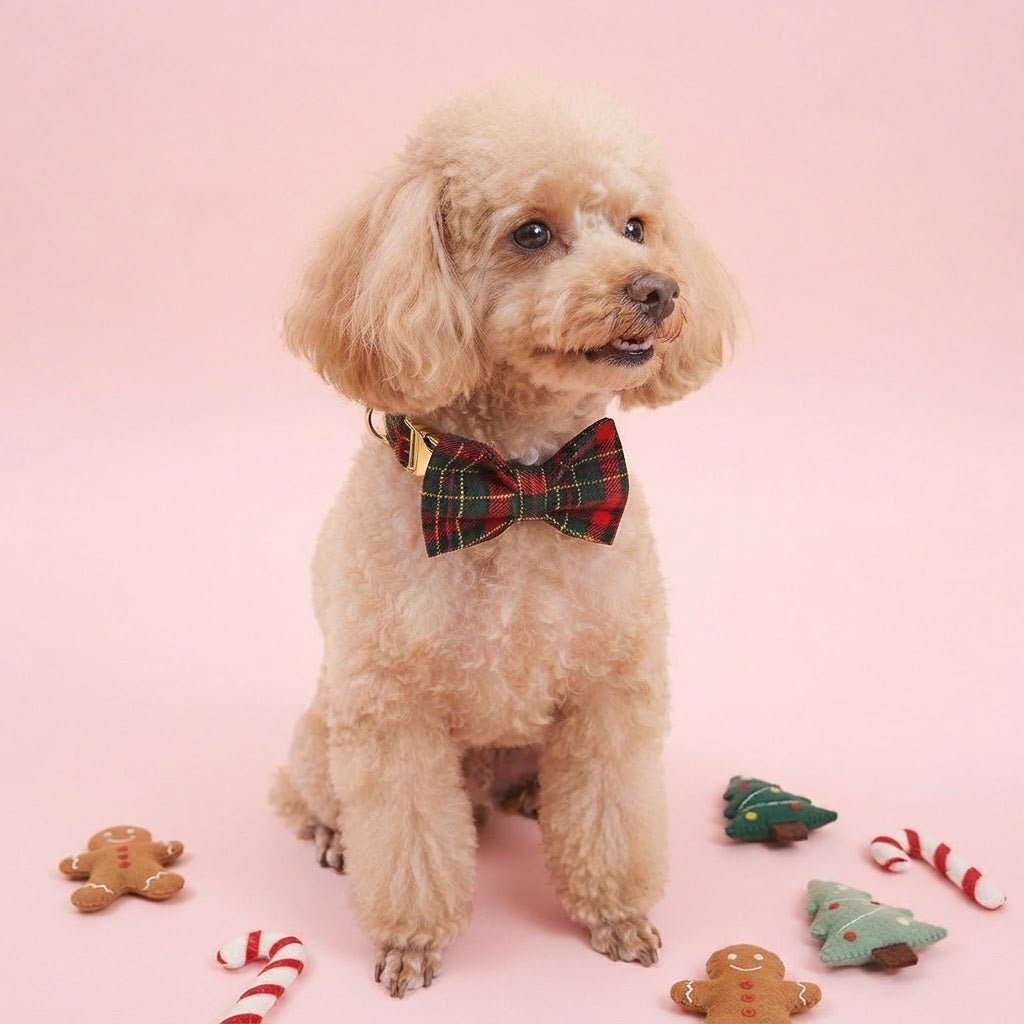 Apricot Poodle wearing a Christmas tartan dog collar with matching bow tie, surrounded by festive decorations on a pink background.