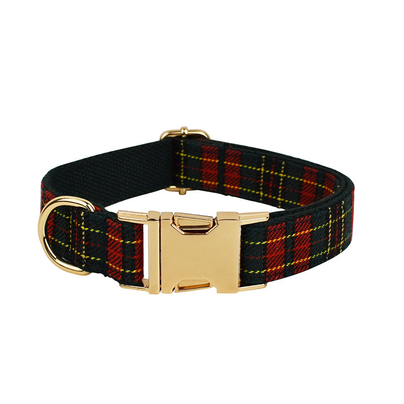 Adjustable Christmas tartan plaid dog collar with gold-tone metal buckle and D-ring