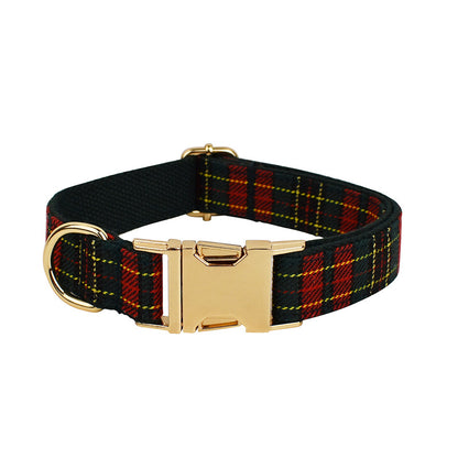 Adjustable Christmas tartan plaid dog collar with gold-tone metal buckle and D-ring