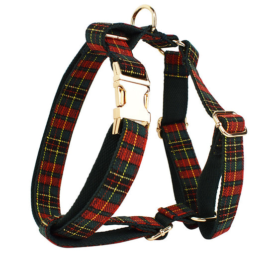 Adjustable red and green Christmas tartan plaid dog harness with gold-tone buckle and D-ring