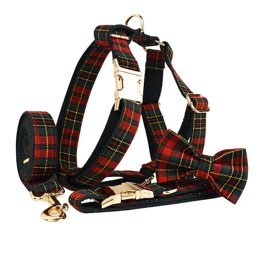 Christmas tartan plaid dog walking set: collar and harness with matching leash and detachable bow tie