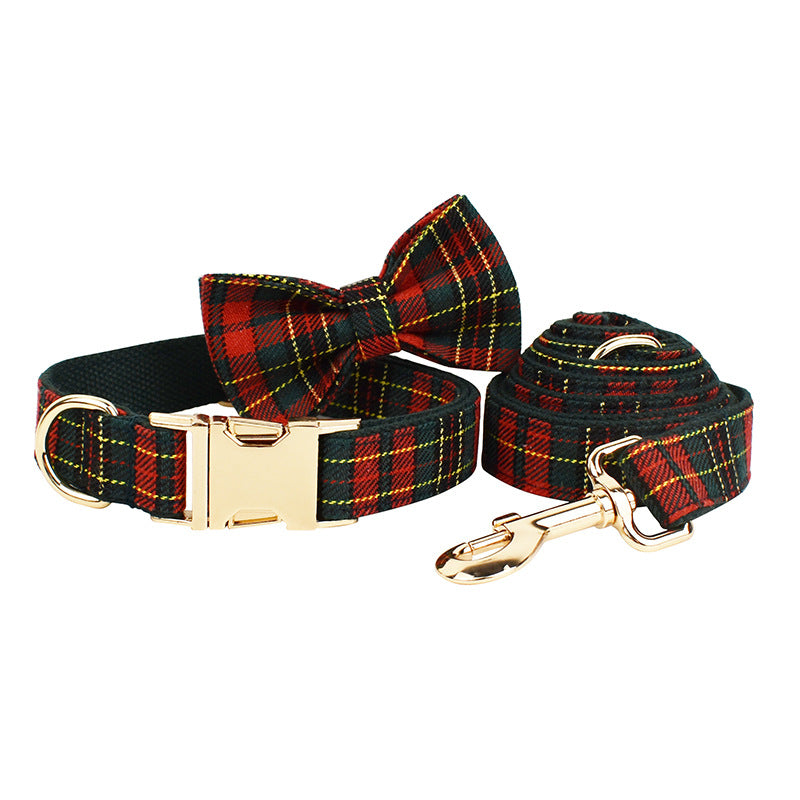 Christmas tartan plaid dog collar and matching leash with detachable bow tie and gold-tone hardware