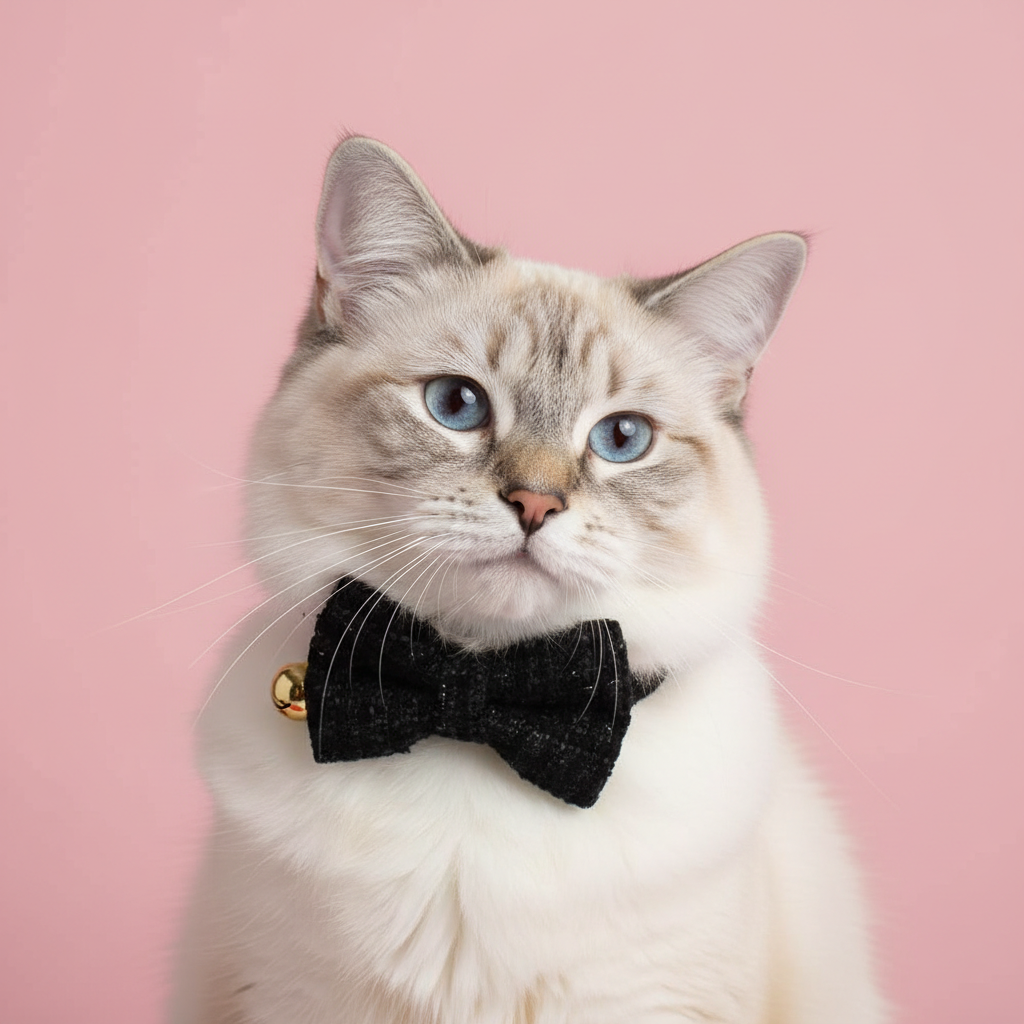 Ragdoll cat wearing classic black tweed collar with bow tie on pink background

