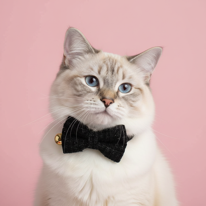 Ragdoll cat wearing classic black tweed collar with bow tie on pink background
