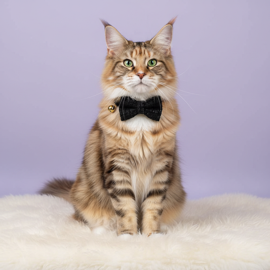 Ragdoll cat wearing classic black tweed collar with bow tie on purple background
