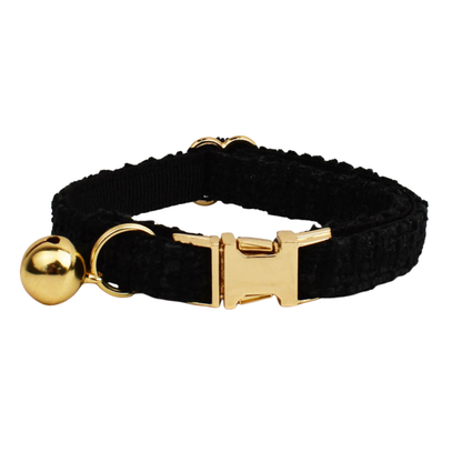 Classic black tweed cat collar with gold buckle and gold bell product shot white background
