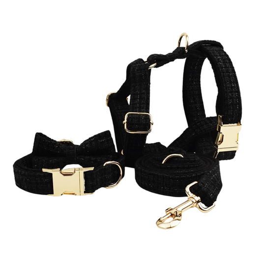 Classic black tweed dog 4-piece set with detachable bow tie flat lay product shot
