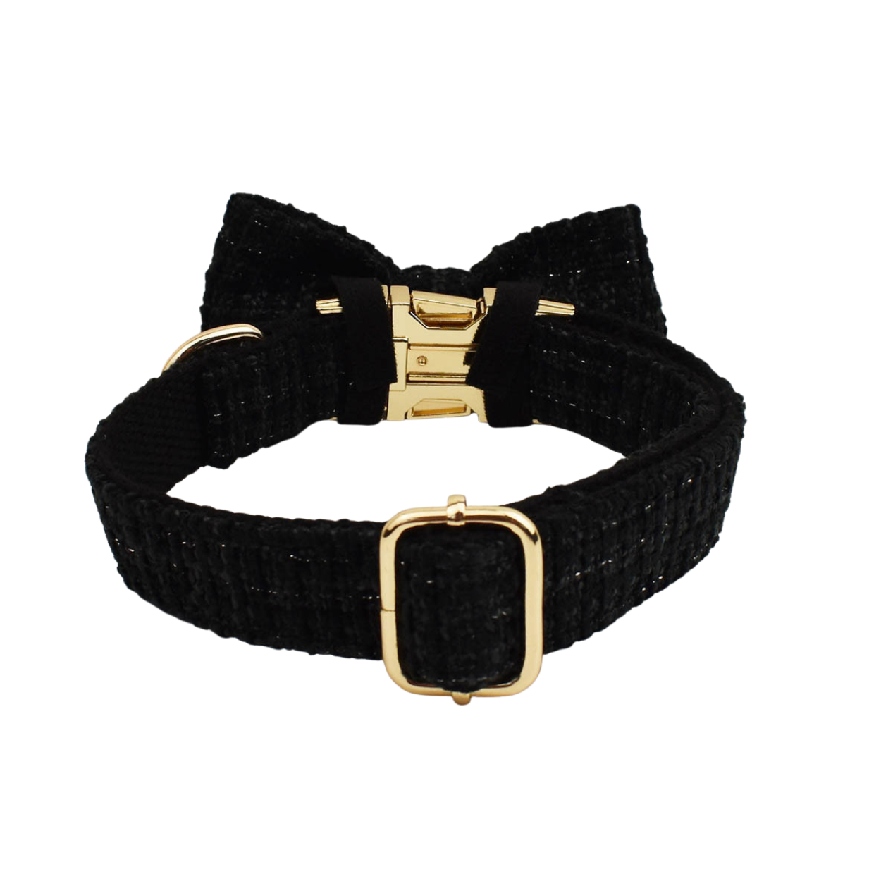 Classic black tweed dog collar with detachable bow tie and gold hardware close up detail
